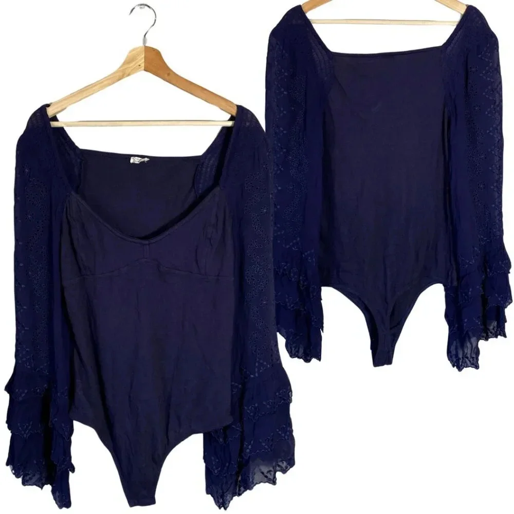 NWOT Free People Intimately FP Enchanted By You Bodysuit Women's Large Navy Silk